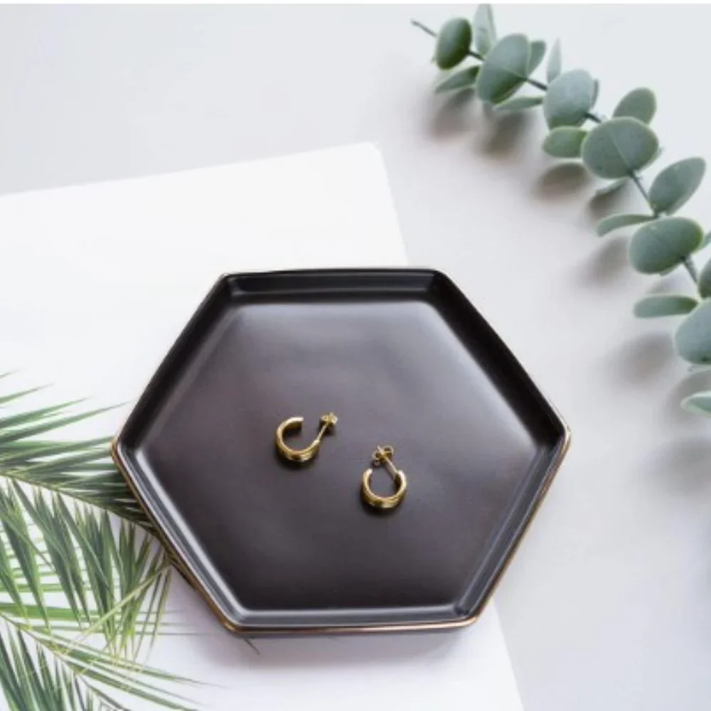 Hexagonal Ceramic Jewelry Tray - Small Rings & Earrings Dish - Key Tray (Black)